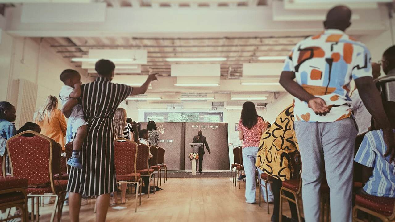 Young people and families gathered during a church service